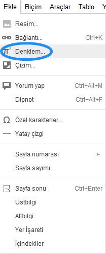 Google Docs Ekle Menüsü