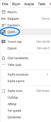 Google Docs Ekle Menüsü