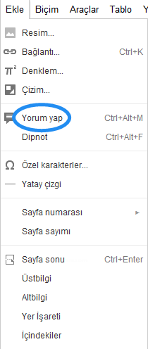 Google Docs Ekle Menüsü