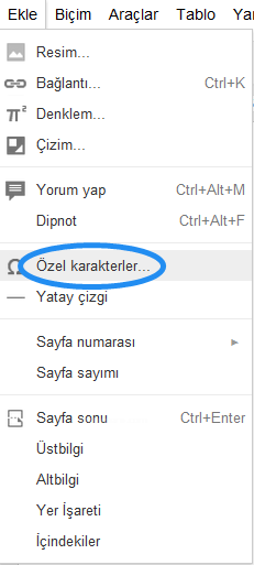 Google Docs Ekle Menüsü