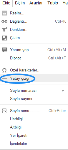 Google Docs Ekle Menüsü