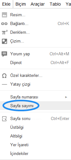 Google Docs Ekle Menüsü