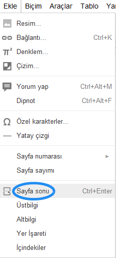 Google Docs Ekle Menüsü