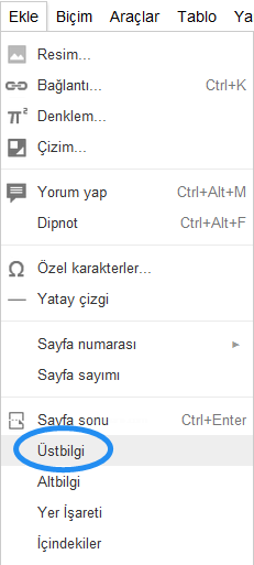 Google Docs Ekle Menüsü