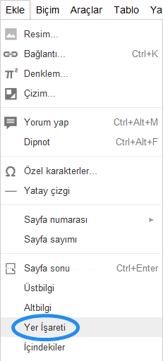 Google Docs Ekle Menüsü