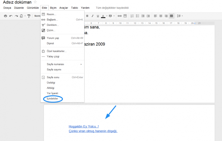 Google Docs Ekle Menüsü