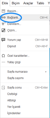 Google Docs Ekle Menüsü