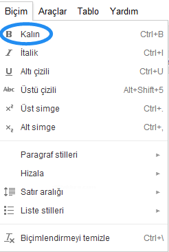 Google Dökümanlar Biçim Menüsü