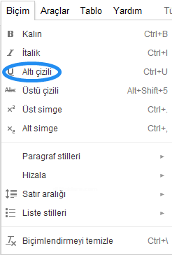 Google Dökümanlar Biçim Menüsü