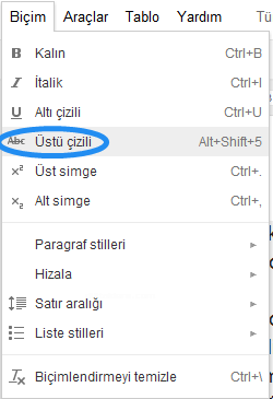 Google Dökümanlar Biçim Menüsü