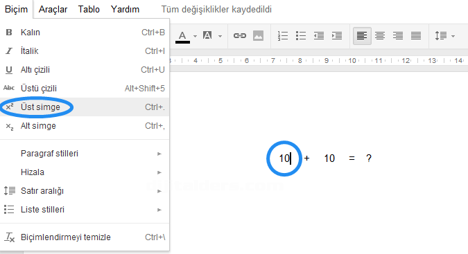 Google Dökümanlar Biçim Menüsü