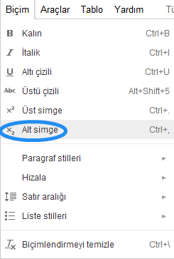 Google Dökümanlar Biçim Menüsü