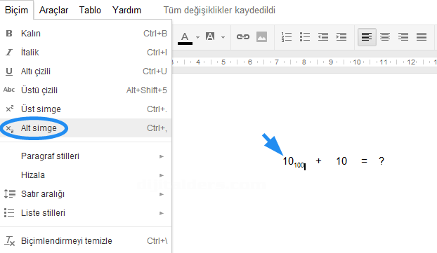 Google Dökümanlar Biçim Menüsü