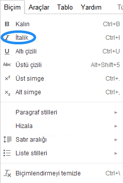 Google Dökümanlar Biçim Menüsü