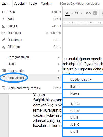 Google Dökümanlar Biçim Menüsü 2