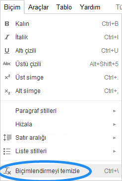 Google Dökümanlar Biçim Menüsü 2