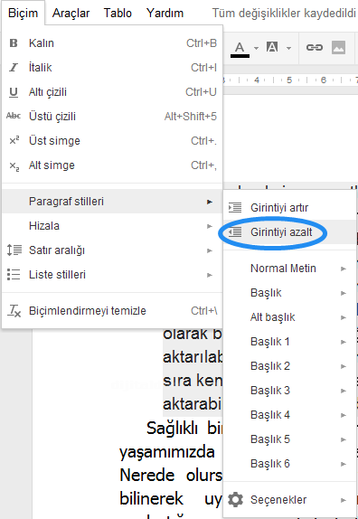 Google Dökümanlar Biçim Menüsü 2