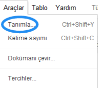 Google Dökümanlar Araçlar Menüsü