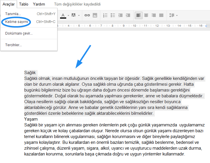 Google Dökümanlar Araçlar Menüsü