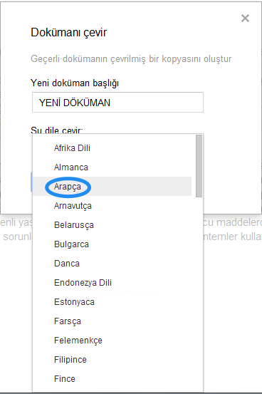 Google Dökümanlar Araçlar Menüsü