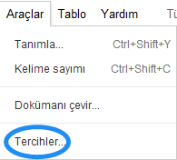 Google Dökümanlar Araçlar Menüsü