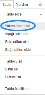 Google Dökümanlar Tablo Menüsü