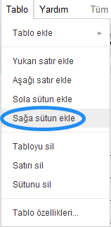 Google Dökümanlar Tablo Menüsü