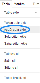 Google Dökümanlar Tablo Menüsü