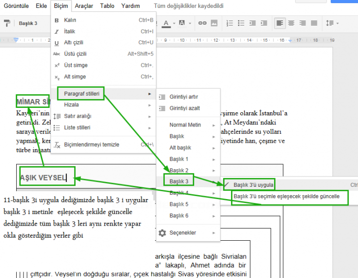 google docs biçim menüsü