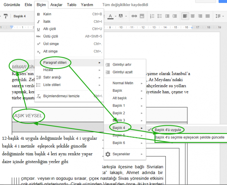 google docs biçim menüsü