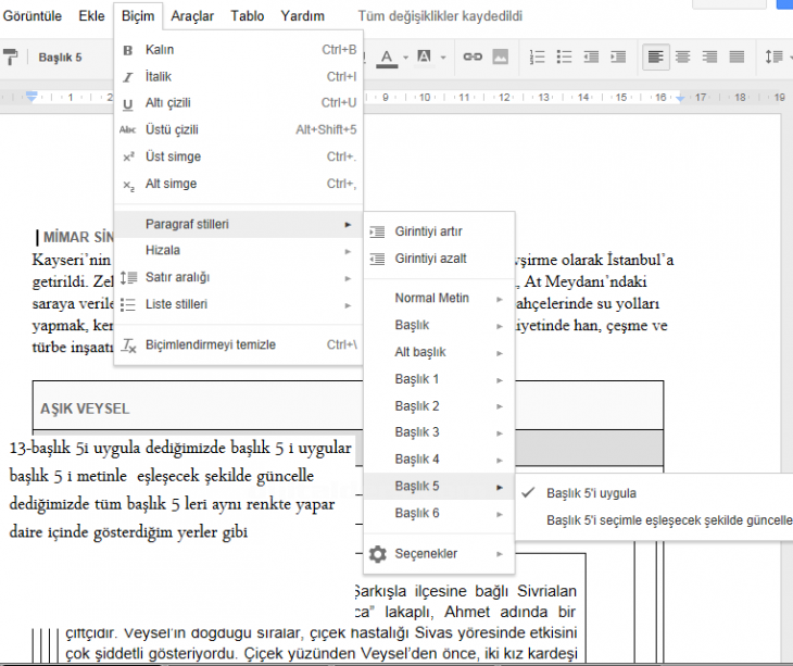 google docs biçim menüsü