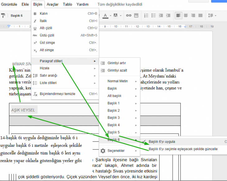 google docs biçim menüsü