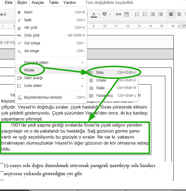 google docs biçim menüsü