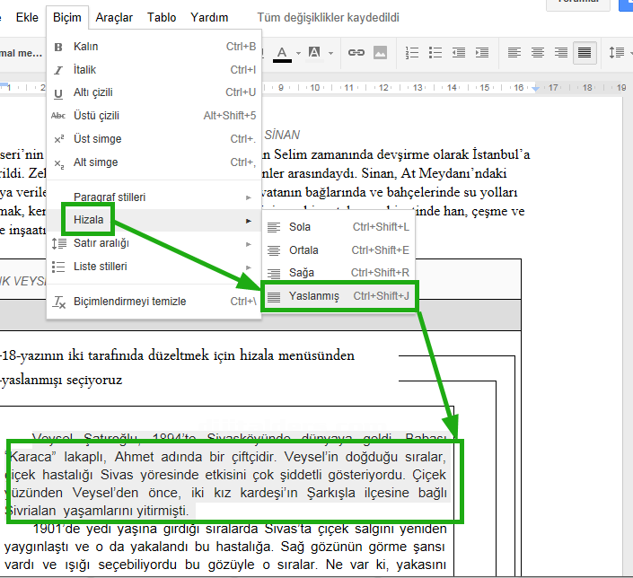 Google Docs Biçim Menüsü