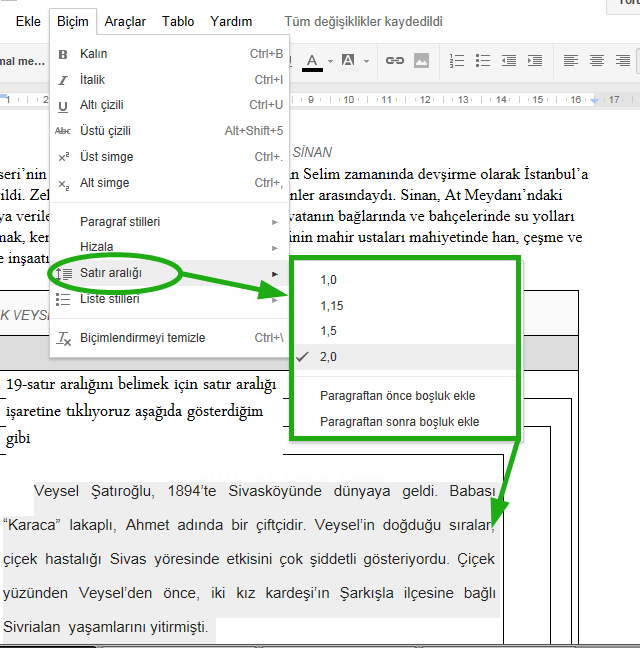 Google Docs Biçim Menüsü