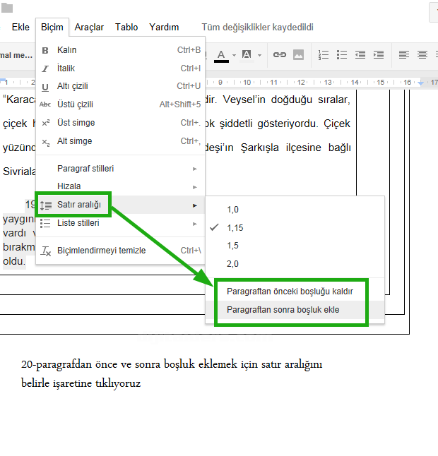 Google Docs Biçim Menüsü