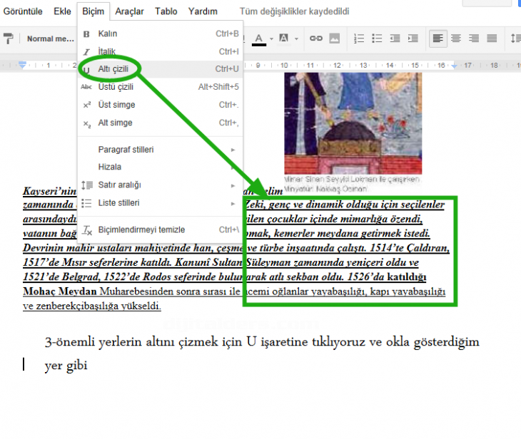 google docs biçim menüsü