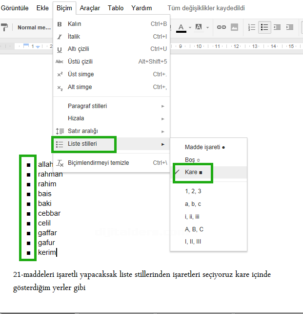 Google Docs Biçim Menüsü