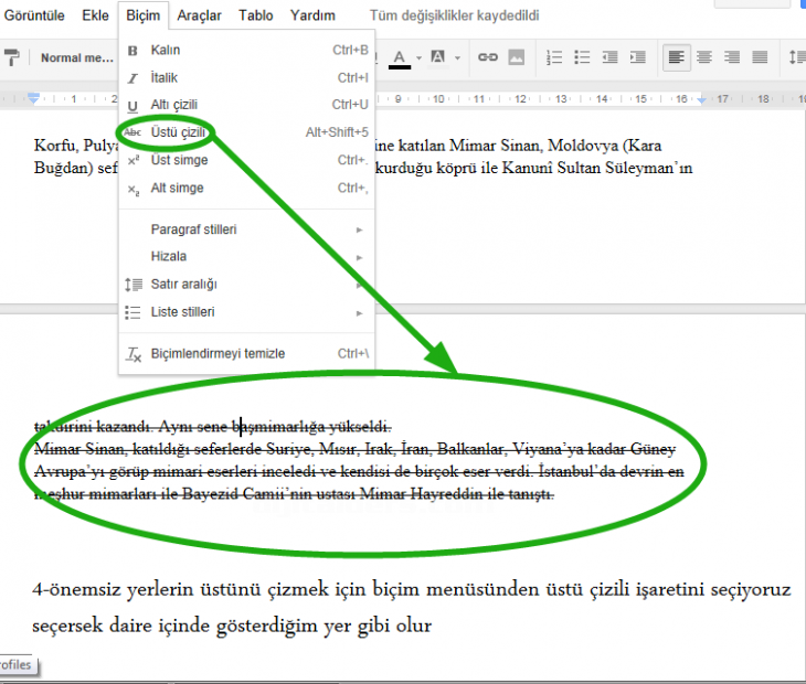 google docs biçim menüsü