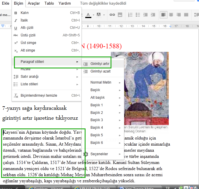 google docs biçim menüsü