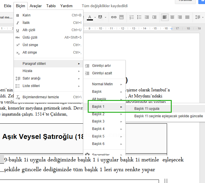 google docs biçim menüsü