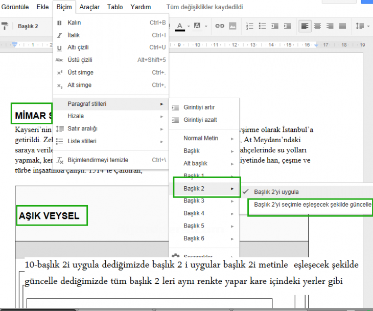 google docs biçim menüsü