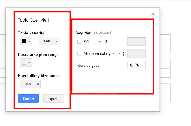 Google Dökümanlar Tablo Menüsü