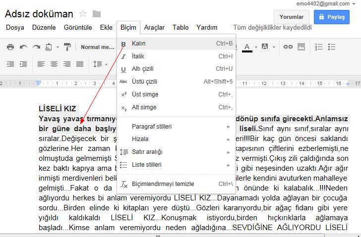 Google Docs Biçim Menüsü