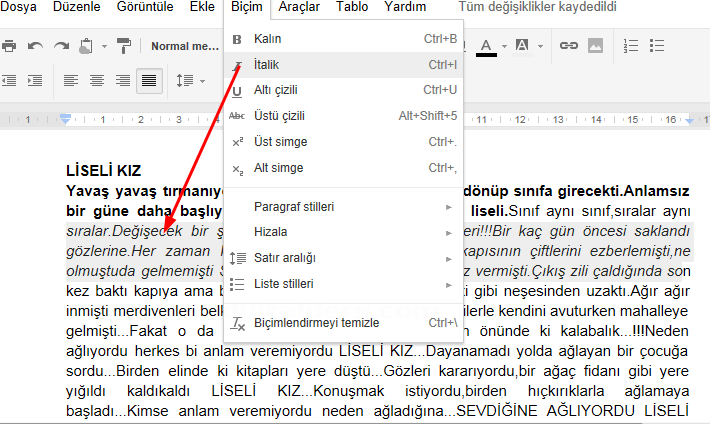 Google Docs Biçim Menüsü