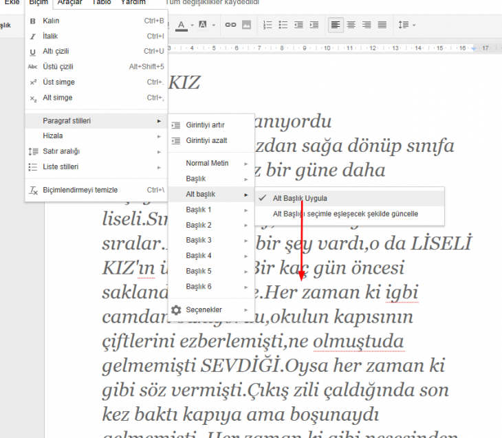 Google Docs Biçim Menüsü