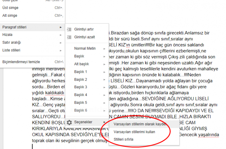 Google Docs Biçim Menüsü