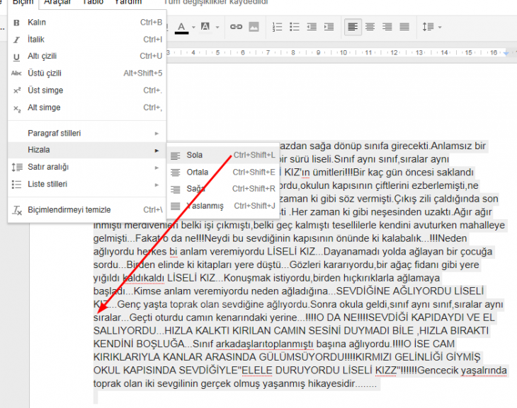 Google Docs Biçim Menüsü