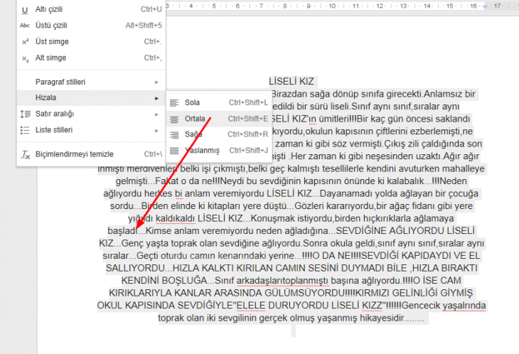 Google Docs Biçim Menüsü