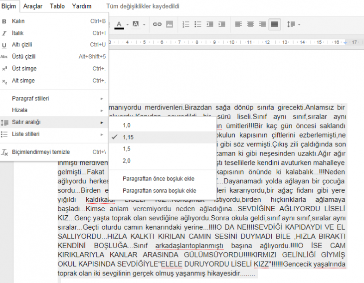 Google Docs Biçim Menüsü